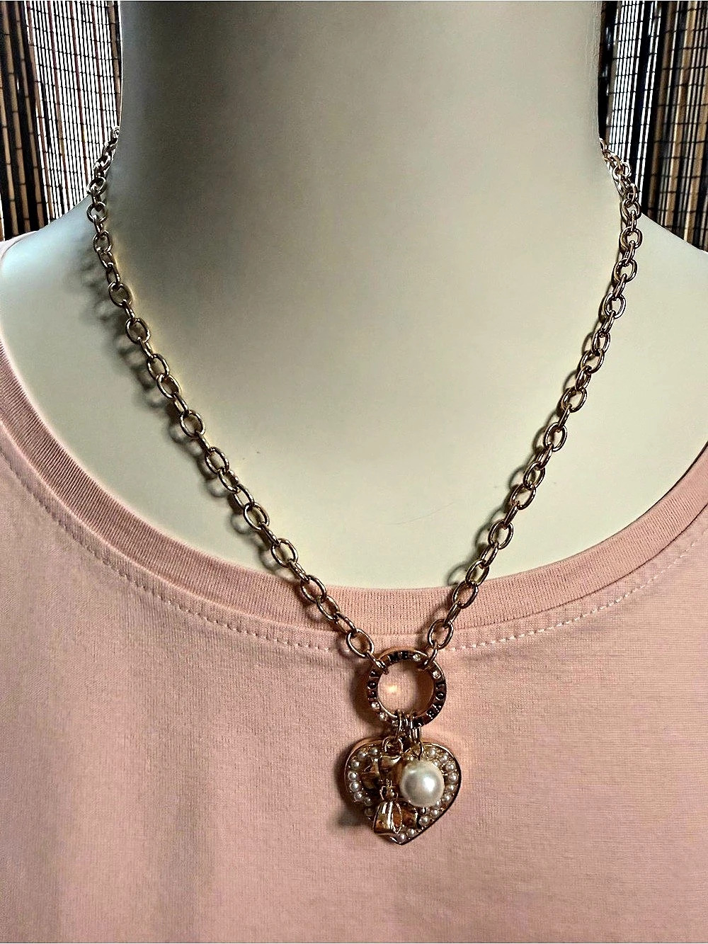 Juicy Couture Goldtone Pearl and Love Me Heart Pendant Toggle Necklace